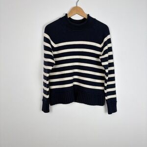 LL Bean Signature Women Original Cotton Sweater Sz S Navy Cream Rollneck Novelty